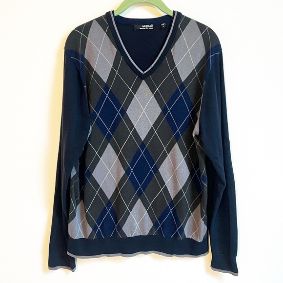 Murano Luxurious Fine Cotton Men’s V Neck Argyle Sweater Blue Gray Pullover M - Picture 1 of 6